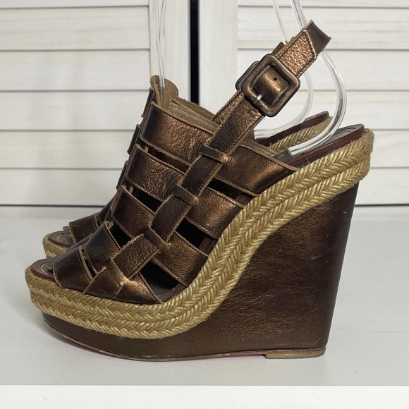 Christian Louboutin Metallic Bronze Leather Barcelona Wedge Sandals Size 35 - Picture 5 of 8